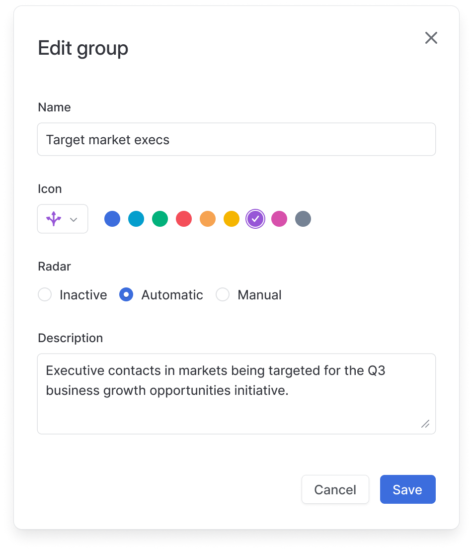Screenshot of a modal to edit groups